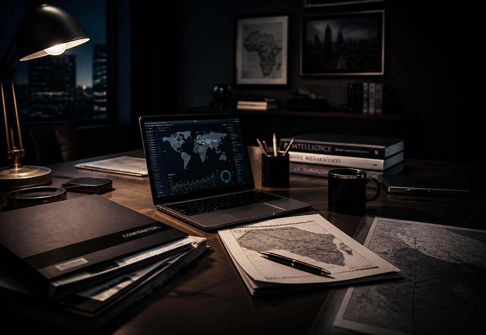 Professional intelligence analysis workspace with case files and analytical materials